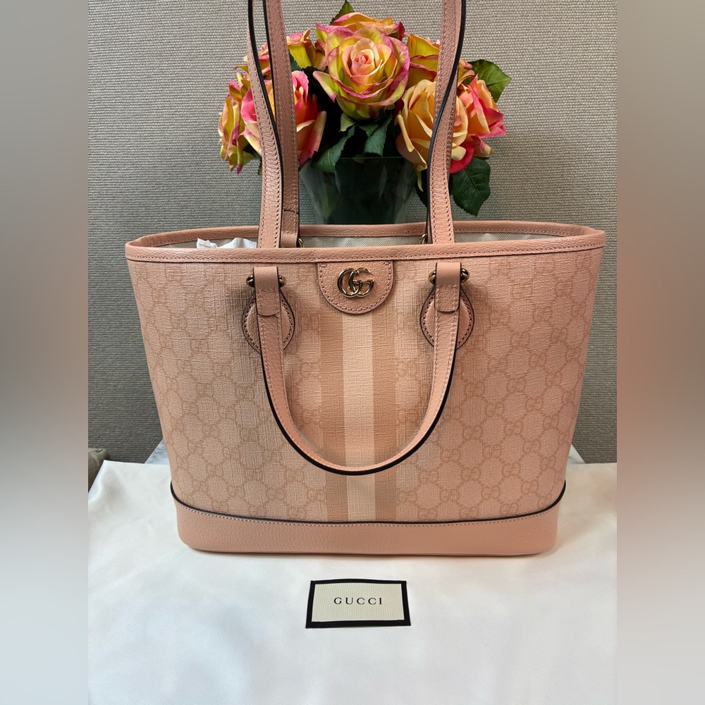 Brand New Authentic Gucci GG Ophidia Supreme Web Light Pink 2-Way Small Tote Bag